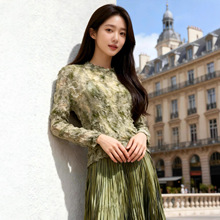 三宅高级感乱褶长袖上衣女春夏新款油画扎染修身显瘦打底衫T恤女