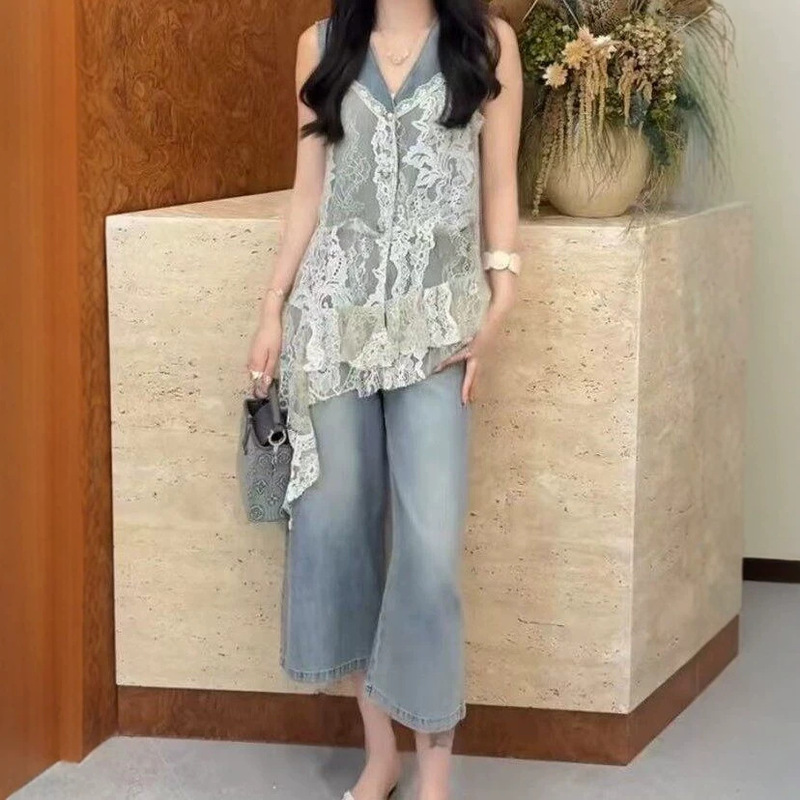 Vintage Lace Crochet Patchwork Denim Vest and Wide-Leg Pants Set for Women, Summer 2026 New Design Two-Piece Set