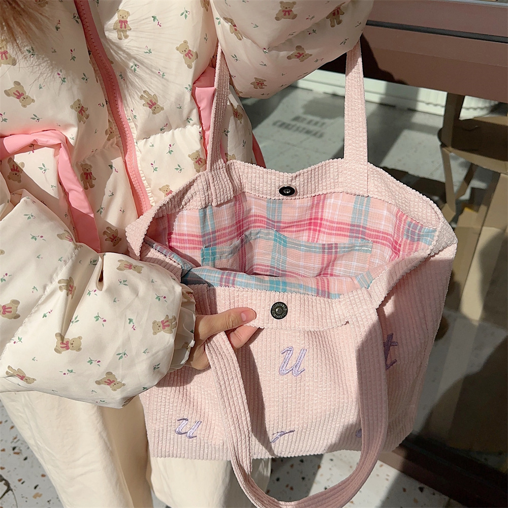 310262 embroidered letter future corduroy single-shoulder Maillard color hand-held canvas bag Women's tote bag undefined