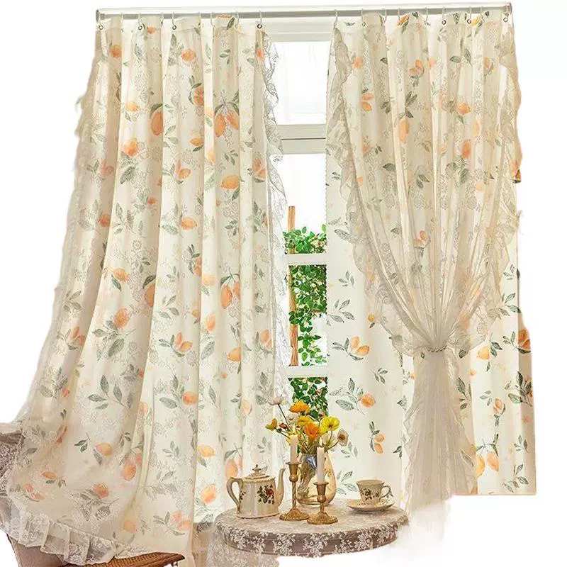 French floral curtains with blackout without holes installation rental house renovation bedroom bay window 2025 new model