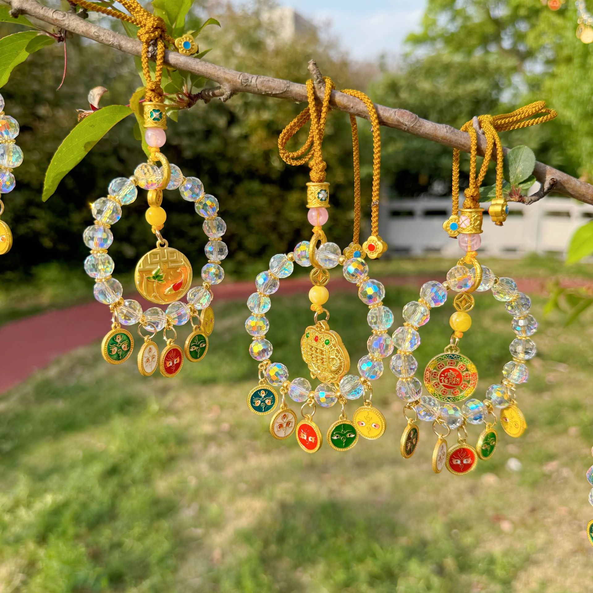 高档水晶车载挂件五路财神后视镜新中式车饰装饰招财纳福沙金挂饰