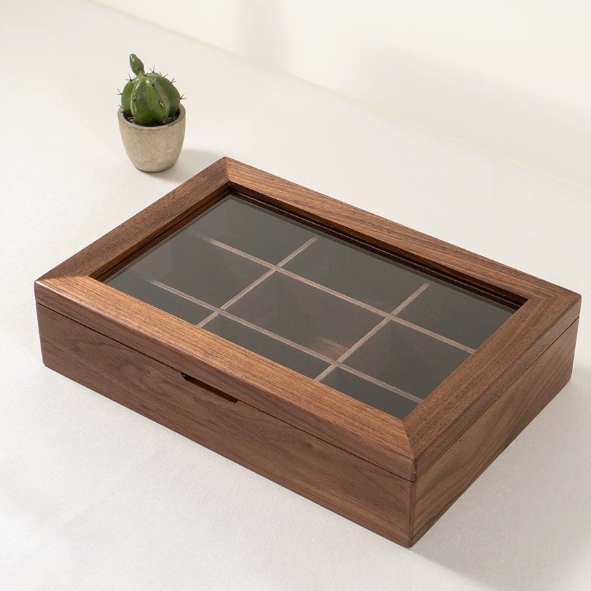 Multi-Grid Jewelry Storage Box, Transparent Watch Display Box, Black Walnut High-End Ring Necklace and Earring Storage Box