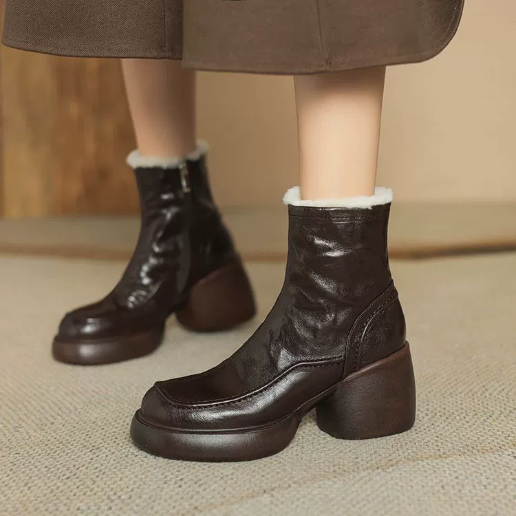 Овчинка/8 см/осень и зима новая мода дикая шерсть теплые снежные сапоги толстые каблуки толстые каблуки увеличенные каблуки короткие сапоги для женщин ~