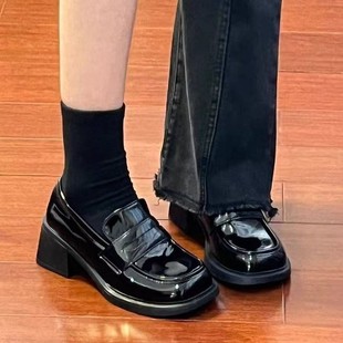 British Style Thick Leather Shoes Women's 2025 Spring New Retro All-match French Loafers Black Mid-heel Single-layer Shoes