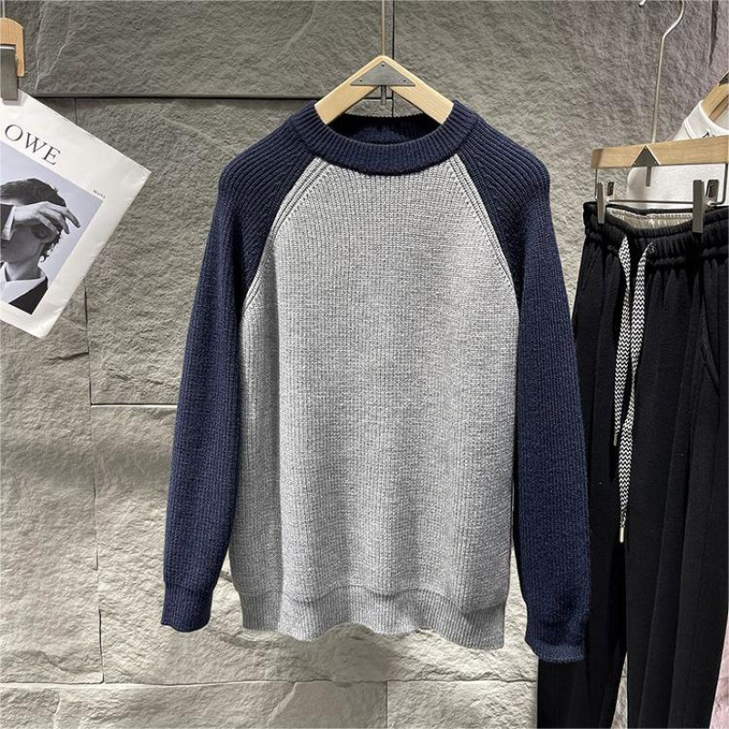 대조적 인 RAGLAN 소매 라운드 넥 스웨터 남성용 트렌디 브랜드 가을과 겨울 느슨한 캐주얼베이스 탑 스웨터