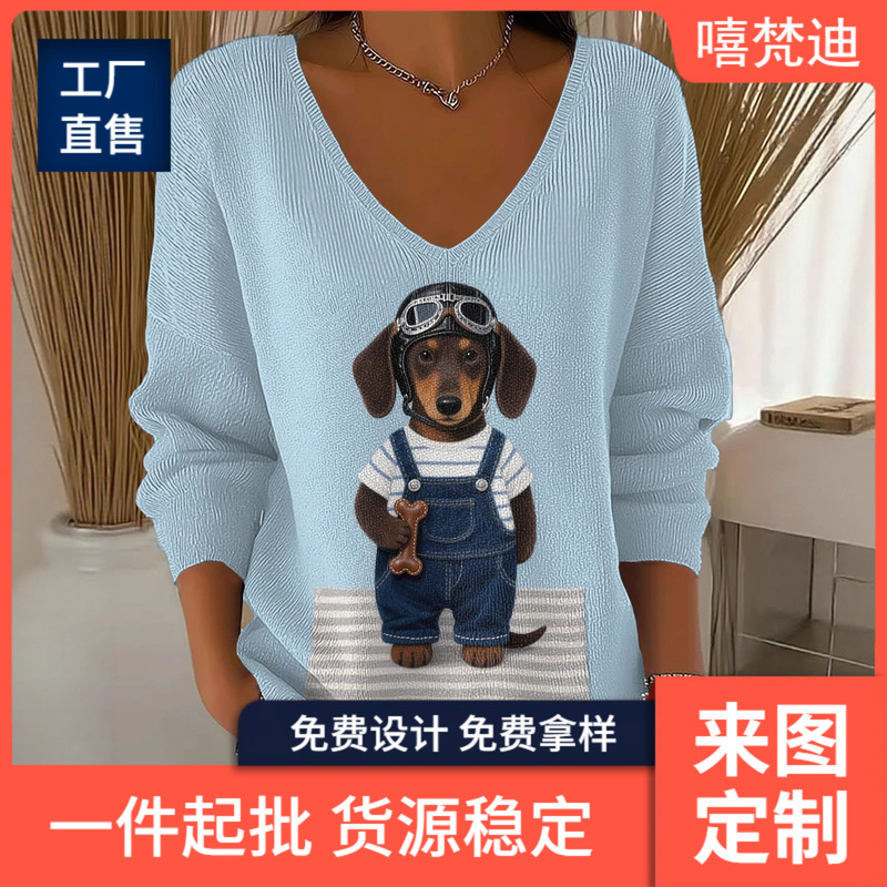 New 3D Digital Printing Cute Puppy Gradient Artistic Women's V Neck Off-Shoulder Long-Sleeved Bottoming Shirt T-Shirt