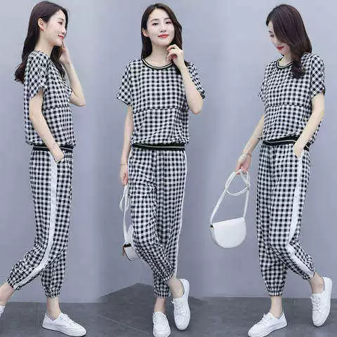 Клетчатый костюм женский Лето 2024 Новый корейский стиль Элегантный Модный большой размер в западном стиле возрастной спортивный комплект из двух предметов