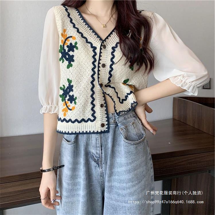Knitted Chiffon Lace Pullover Short-sleeved Embroidered Cut Out Women's Top Bohemian Ethnic Style Summer Thin Style