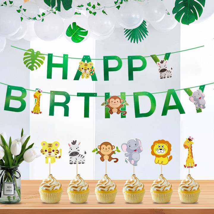 Bosque animal cumpleaños tirar bandera cumpleaños fiesta decoración colgante decoración dibujos animados papel cumpleaños tirar bandera triángulo bandera
