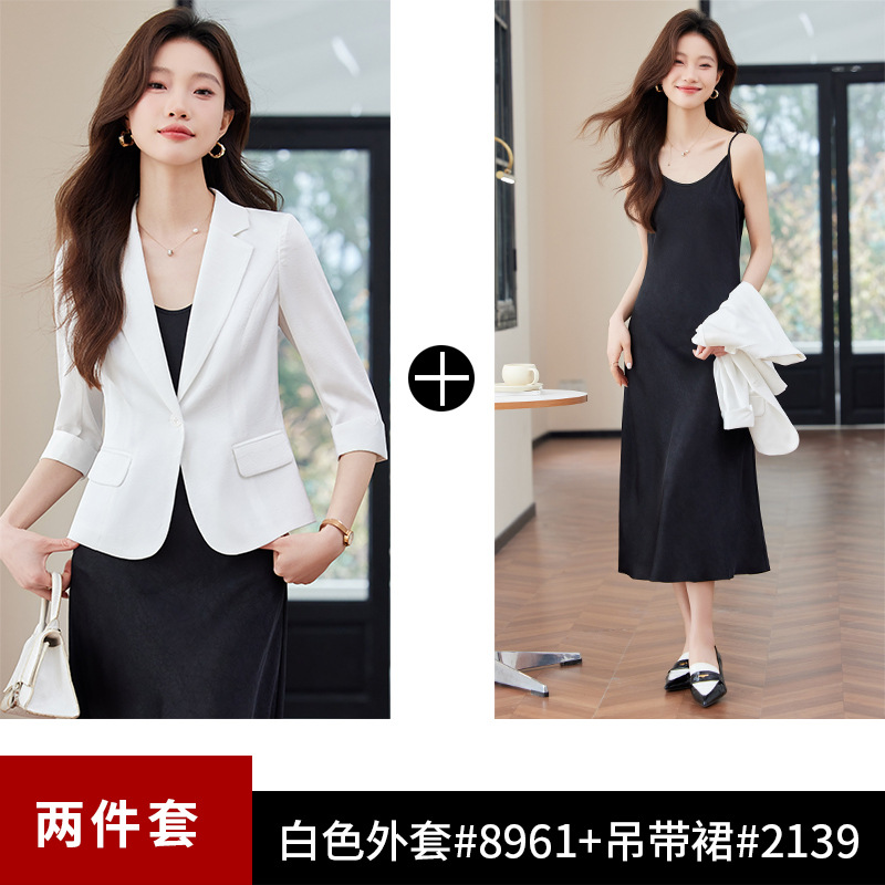 White jacket, slip dress