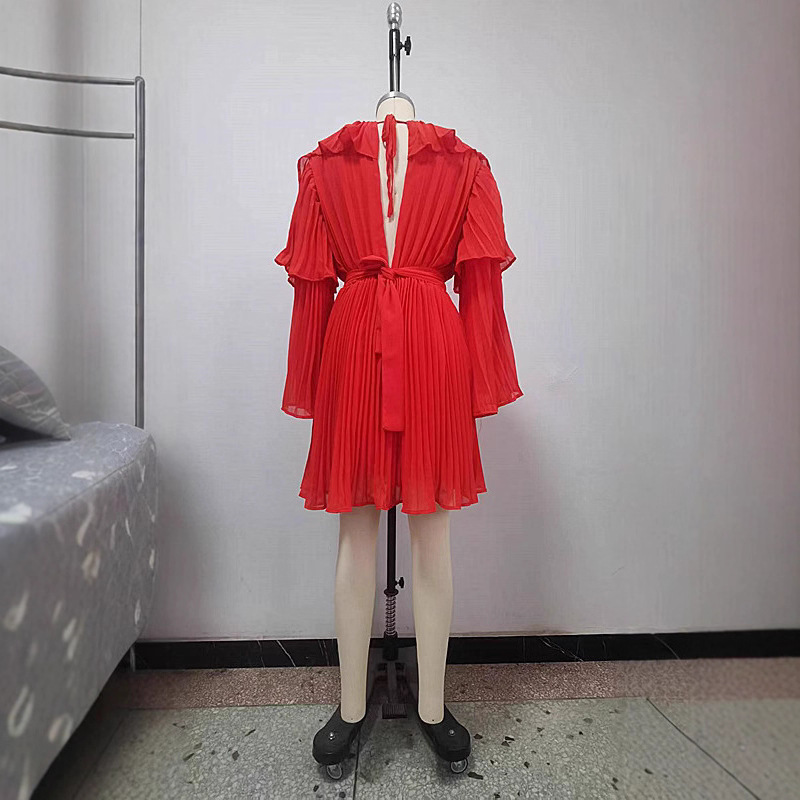 Summer New Arrival Women's Clothing Solid Color Fashion Dress V Neck Chiffon Pleated Tie Batwing Sleeve American Style_ecoleips.com