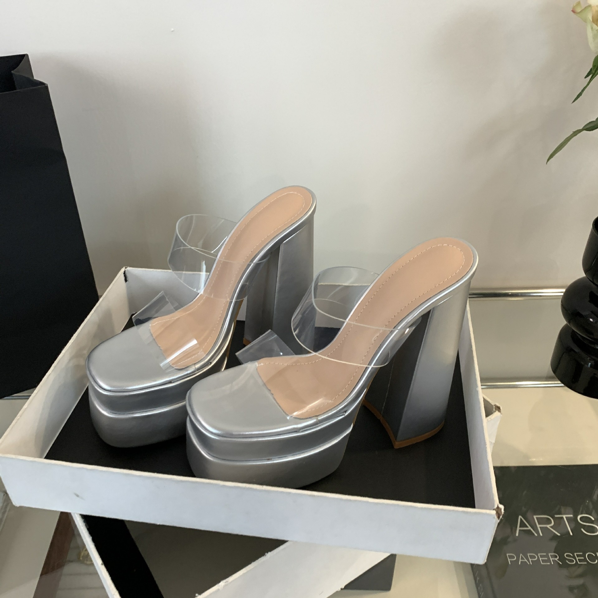 Sandal cao gót nữ hở mũi đế dày trong suốt đính đá rhinestone gót 15 cm — Màu đen chi tiết 9