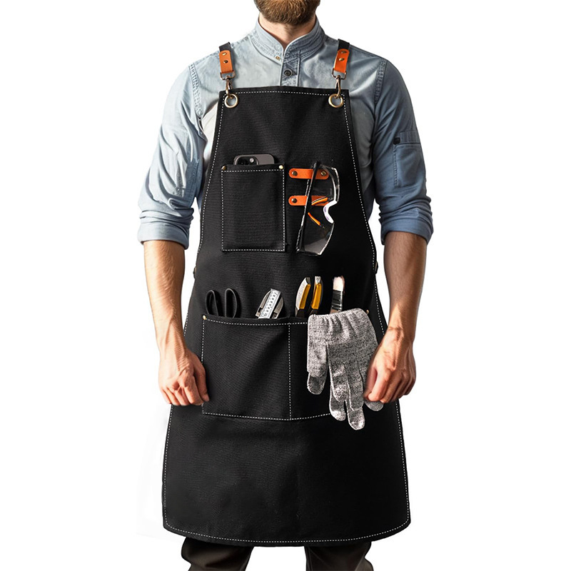Cross Border Men's Chef Apron Heavy Duty Cotton Canvas Apron Cross Strap Apron Adjustable Shoulder Strap Large Pocket