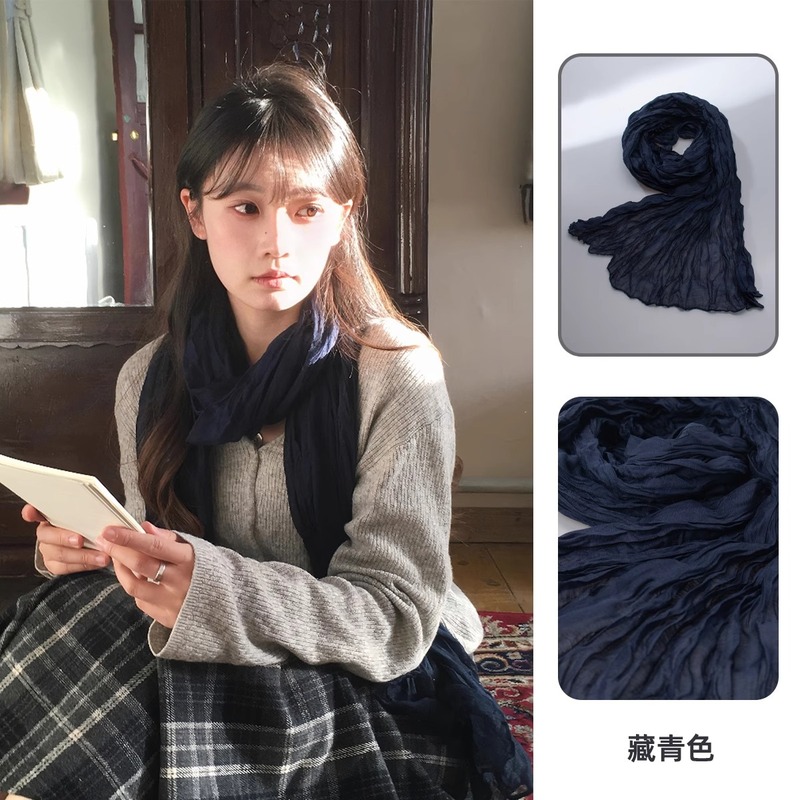 女性用レトロコットンとリネンスカーフ、春と夏、薄い、芸術的なブラウン、ヴィンテージ、プリーツ、日焼け止め、ストリップシルクスカーフ、ネック周りの雰囲気|undefined