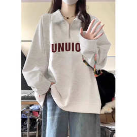 大码女装polo领卫衣女秋冬韩系慵懒风半拉链春秋薄款显瘦胖mm上衣