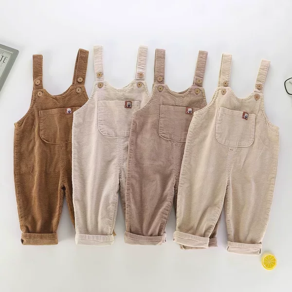 Baby Overalls Type a Autumn Style with Open Crotch for 1-3 Years Old, Corduroy Set, Pink Jumpsuit with Double Pockets, Cartoon Design