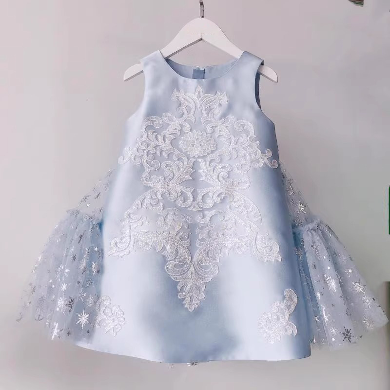 sweet baby dress 冰雪奇缘蓝色公主裙女童主持人生日刺绣礼服裙