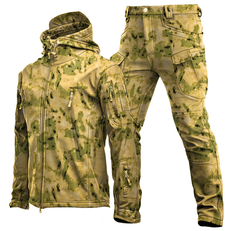 Outdoor Shark Skin Thermal Suit, Special Forces Camouflage Fleece-Lined Thickened Clothing, Autumn and Winter Softshell Large Size Jacket and Pants