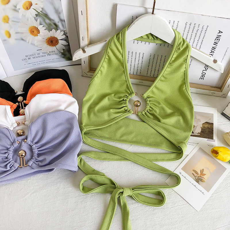 Pure sexy hot girl style short halter neck strap vest for women summer bow tie strap back exposed short top