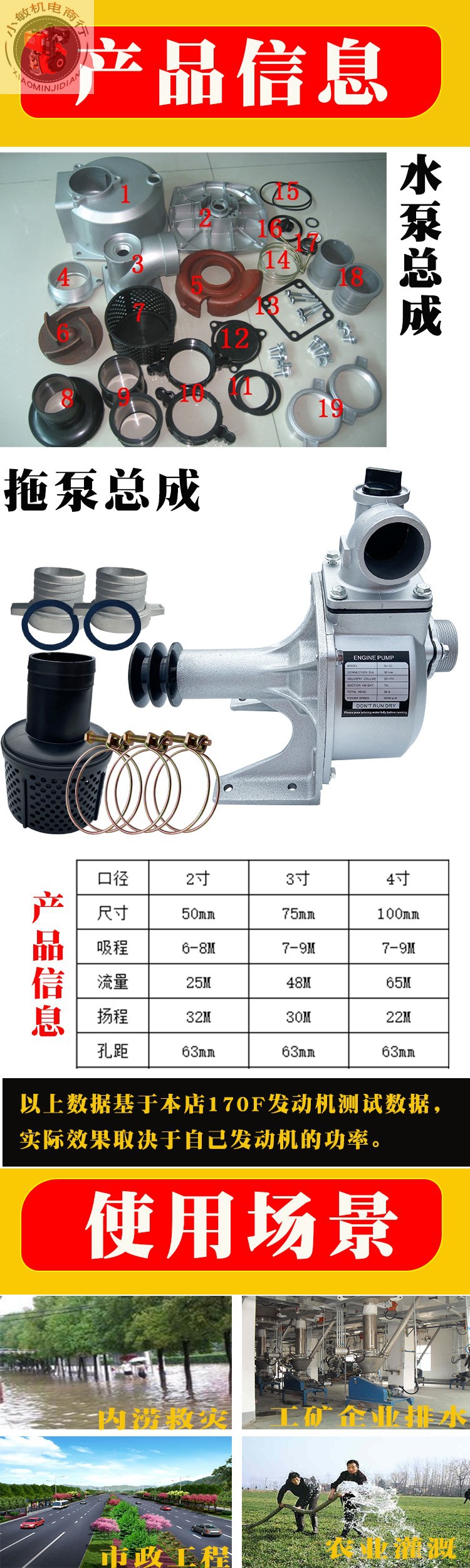 Chai gasoline engine water pump accessories 2 inch 3 inch 4 inch water pump assembly self-priming water pump 168 170F water pump head