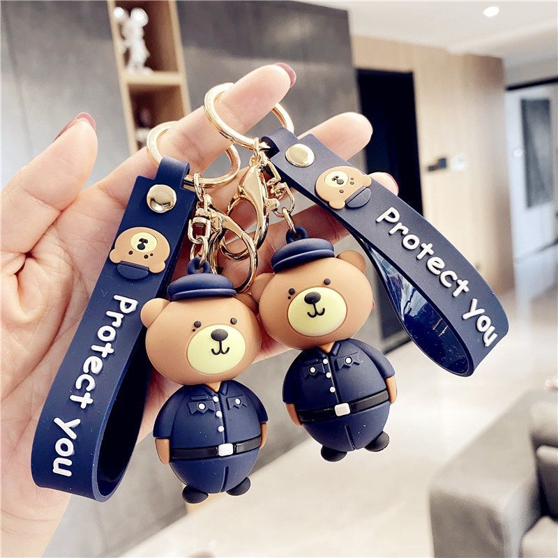 Creative Cartoon Police-Style Bear Pendant Keychain Doll Car Keychain Couple Pendant Small Gift
