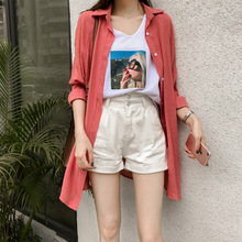 2019韩版宽松bf衬衫女长袖衬衣雪纺开衫中长款薄款防晒衣外套