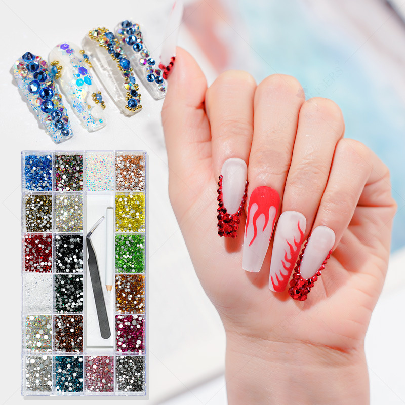 Transfronterizos 21 caja de diamante de agua de forma especial de fondo plano conjunto de joyería de uñas conjunto de pluma de puntuación de doble cabeza