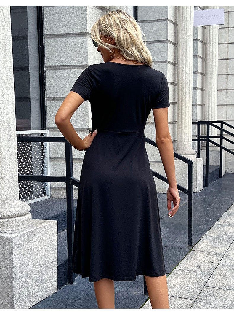 Fashion Solid Color Round Neck Short Sleeve Patchwork Spandex Polyester Knee-Length A-Line Skirt