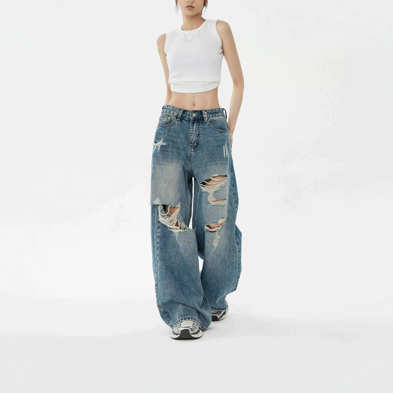 Super Popular Summer American Retro Ripped Jeans for Women, Thin Loose Wide-Leg Straight Pants, Washed Version, Great Fit Super Popular Summer American Retro Ripped Jeans for Women, Thin Loose Wide-Leg Straight Pants, Washed Version, Great Fit
