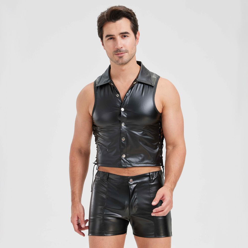 شورت فيست جلد صناعي رجالي أسود للأندية الليلية والأداء المسرحي