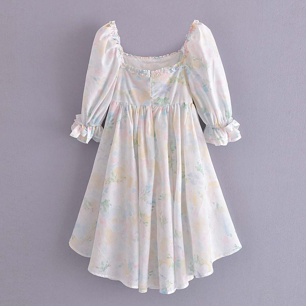 Palace Style Square Neck Puff Sleeve Bowknot Fungus Edge Dress NSAM110594