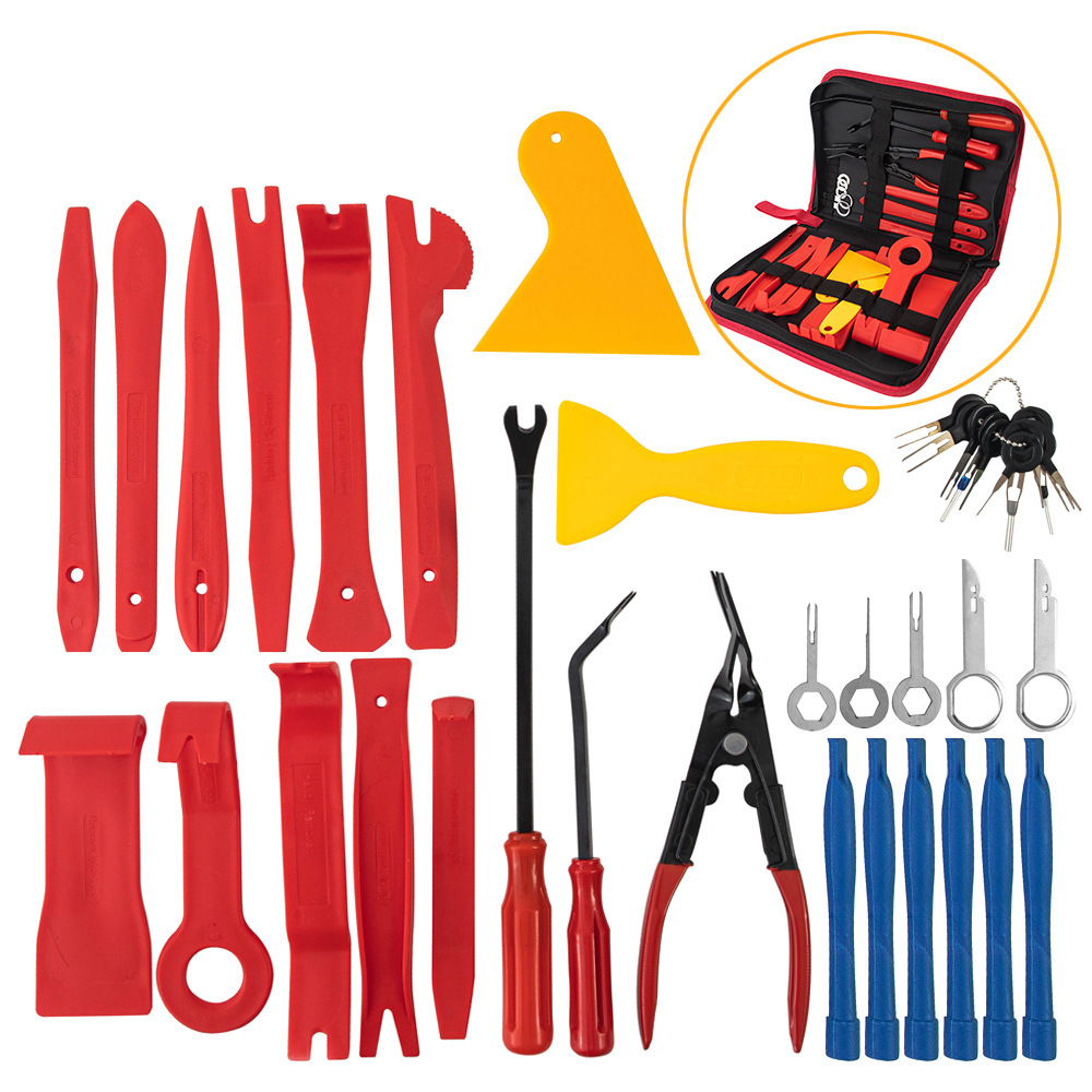 La hebilla de la tarjeta Xinyida es adecuada para herramientas de desmontaje de modificación de CD de audio de interior general para automóviles, conjunto de herramientas de mantenimiento de 45 piezas