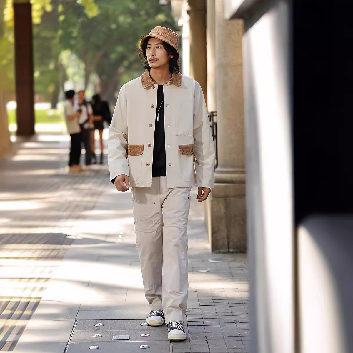 Lote especial OKONKWO Chaqueta de trabajo de lona con cuentas de ferrocarril Chaqueta de trabajo con cuello de pana a juego