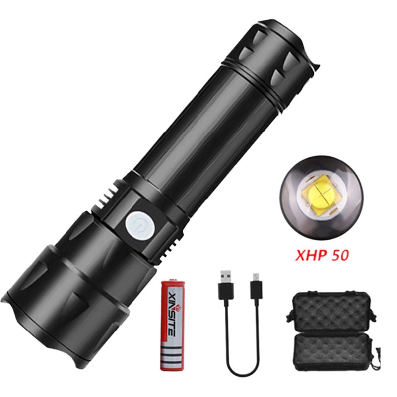 Transfronterizo nuevo XHP50 linterna de luz fuerte USB recargable zoom telescópico bajo recordatorio eléctrico linterna de iluminación al aire libre