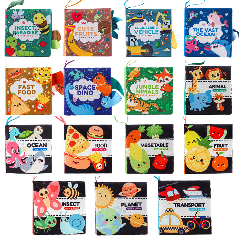 Cuatro libros de tela tridimensionales transfronterizos para bebés juguetes de educación temprana 4 caras 8 páginas en inglés libros de palma de alimentos y cognición animal libros de tela para bebés