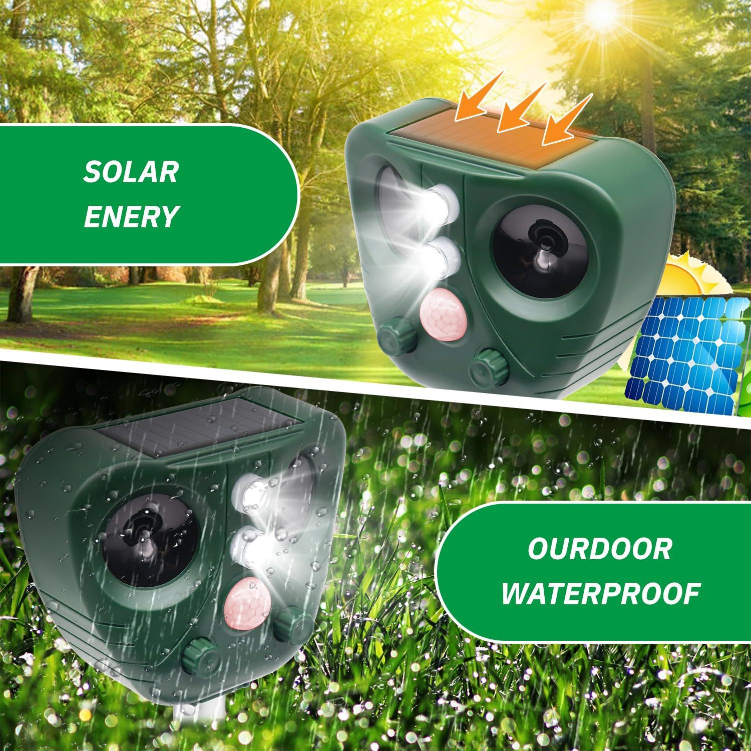 Solar animal repeller; ultrasonic cat and dog repeller.