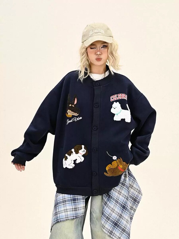 2025春秋新作無性別風学院子犬刺繍布飾り丸襟カーディガン男女ジャケット|undefined
