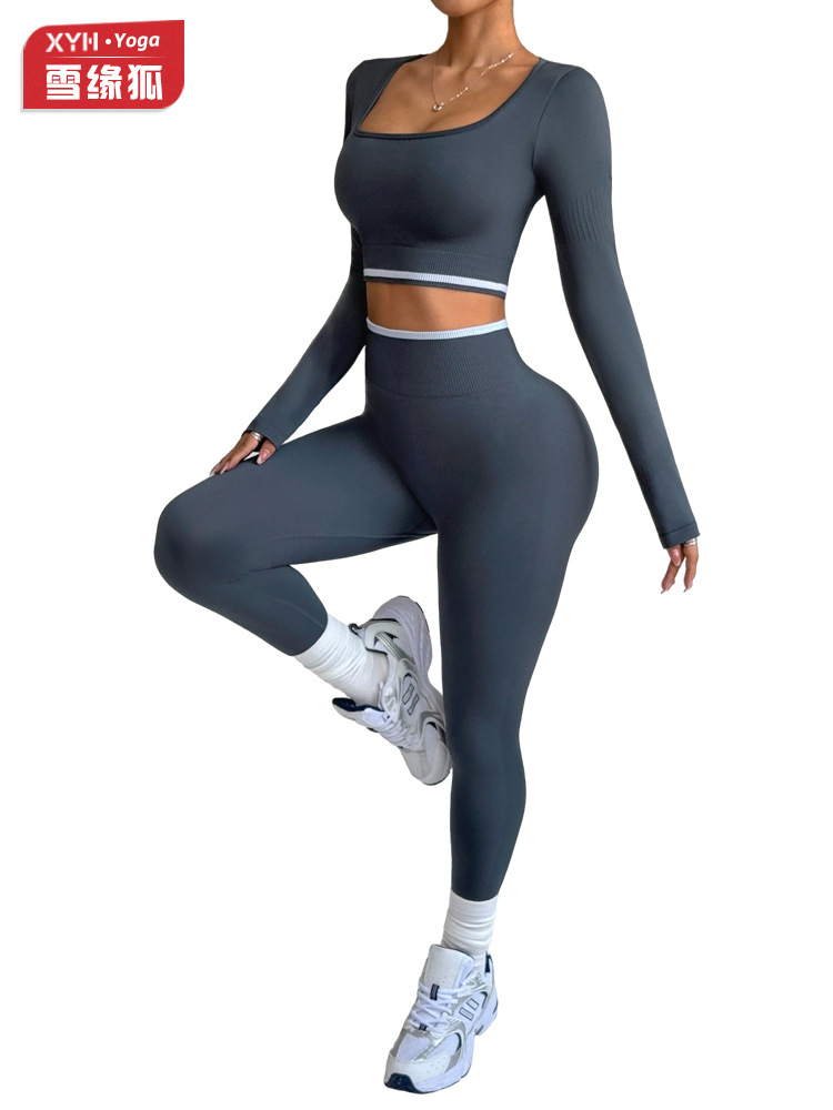 Europa y América color contraste trajes deportivos de yoga de mujer cuello cuadrado sexy fitness manga larga correr fitness mel mel pecado