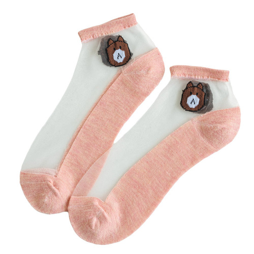 Women's Socks with Small Bear Glass Fiber, Cartoon Bear Head Crystal Fiber Boat Socks, Transparent Invisible High Volume Cute Sheer Socks