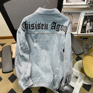 High Street Ripped Denim Jacket Men's Trendy Brand Printed Casual Jacket Spring and Autumn New American Loose Yuppies Handsome Top