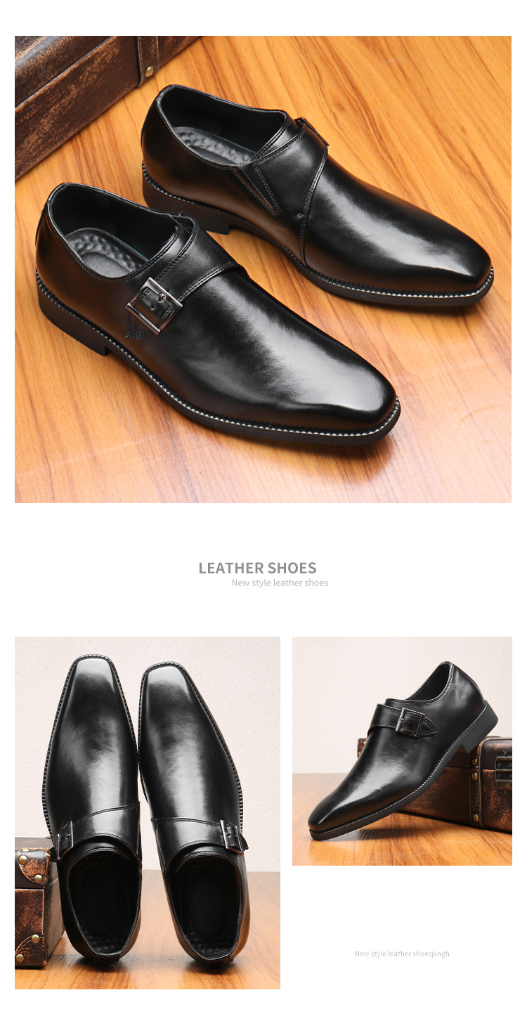 Business leather shoes square head dress casual shoes low top wipe color leather buckle cover foot_vogvips.com