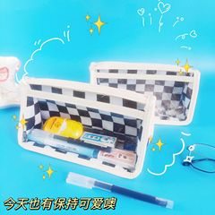 透明筆袋棋盤格子可愛ins風簡約大容量化妝品收納袋學生文具筆袋