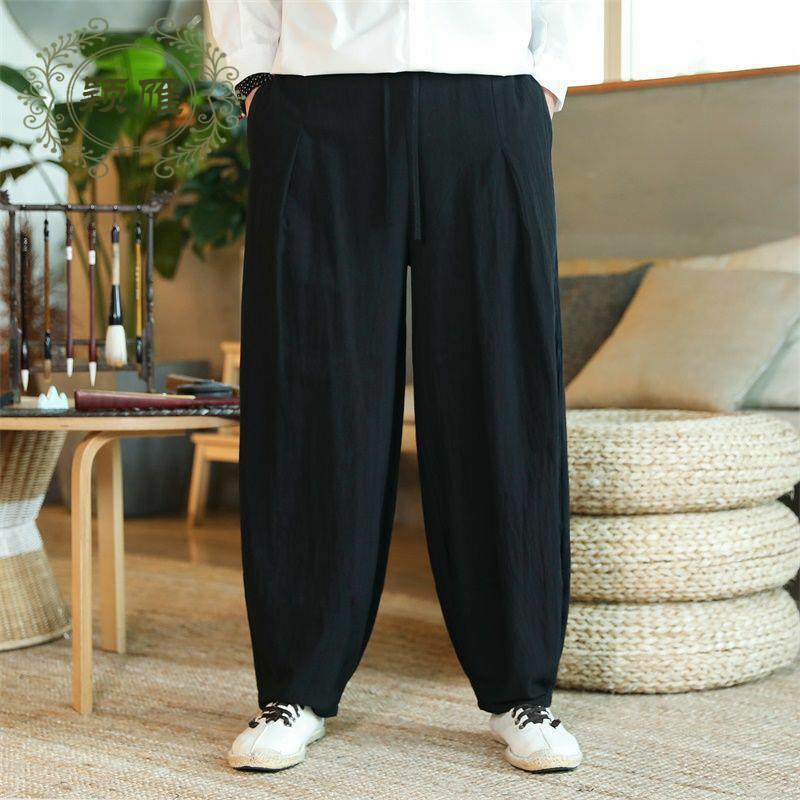 Pantalones de lino hombres sueltos de gran tamaño estilo chino primavera y verano gordo gran entrepierna linterna pantalones casuales pantalones harem pantalones anchos de algodón y lino