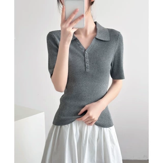 格蕾系灰色POLO翻领T恤女2026春夏新款修身显瘦冰丝针织上衣