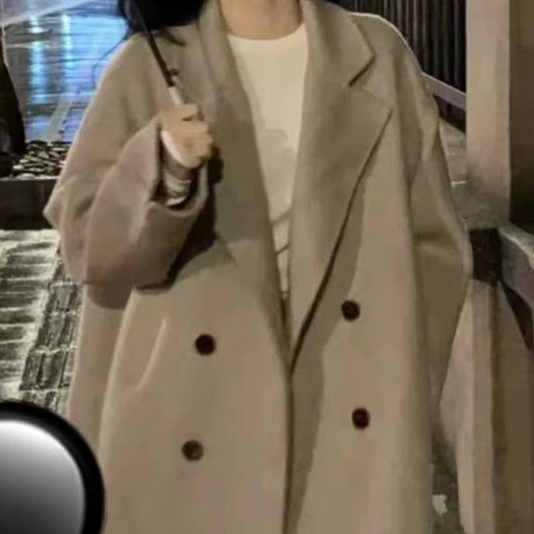 Корейская версия повседневного зимнего длинного шерстяное пальто свободная темпераментная двубортная модная темпераментная куртка