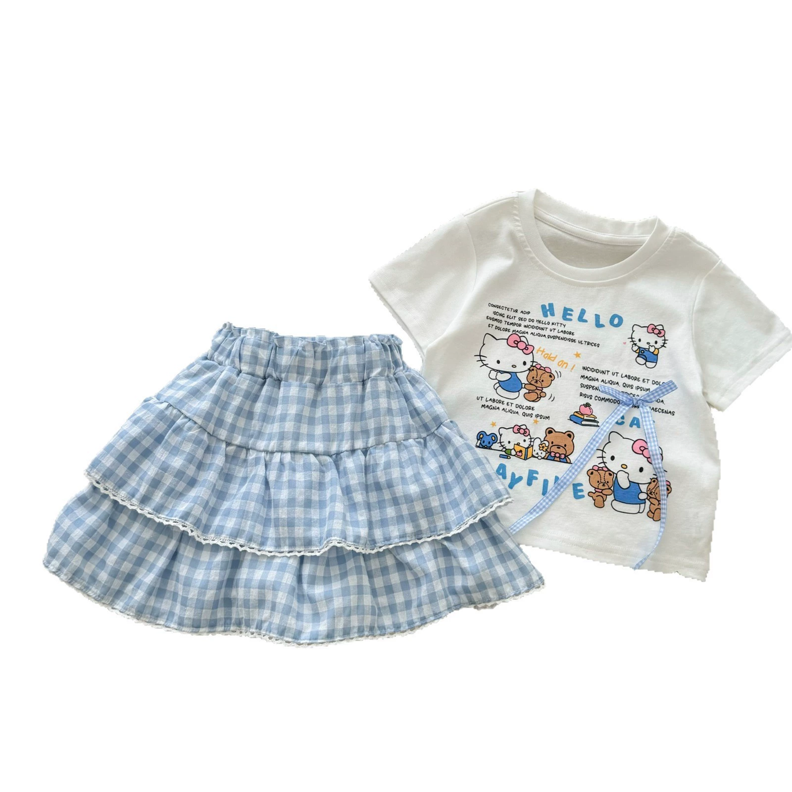 柠里 Cartoon mini-skirt, summer children's T-shirt, cute plaid skirt, set