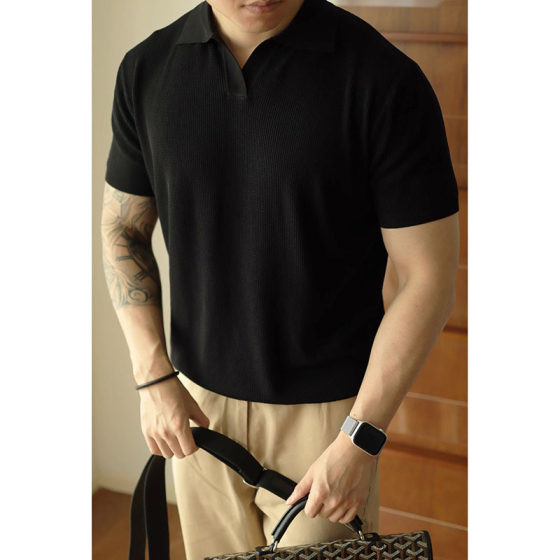 Summer New Knitwear Ice Silk Short-sleeved Men's Slim-fit Business POLO Shirt V-neck Trendy T-shirt Foreign Trade Cross-border Wholesale