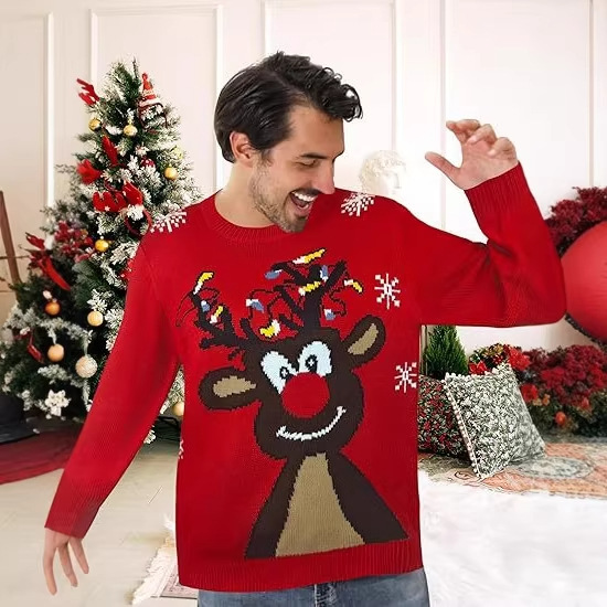 Manufacturer processes customized Christmas costumes for couples, cute reindeer three-dimensional sticky balls, ugly Christmas pullover sweaters