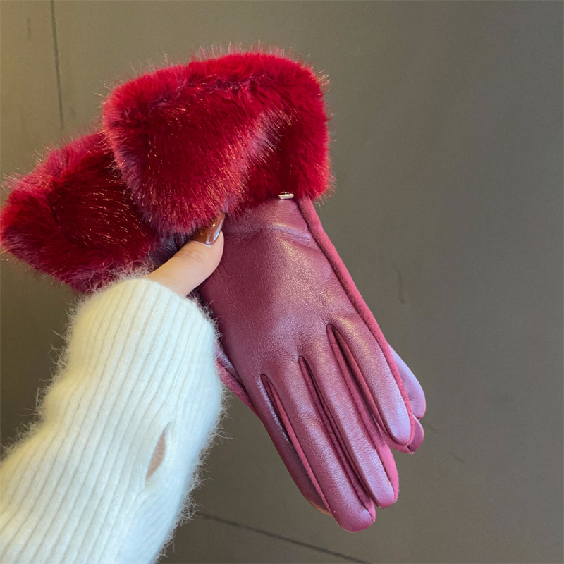 Xiaoxiangfeng premium sense microfiber leather mink hair mouth gloves suede winter velvet thickened cycling warm gloves_voghion.com