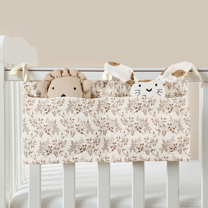 Cross-border pure cotton baby bed circumference double pocket children's feeding bottle bedside hanging bag baby diaper storage stroller hanging bag